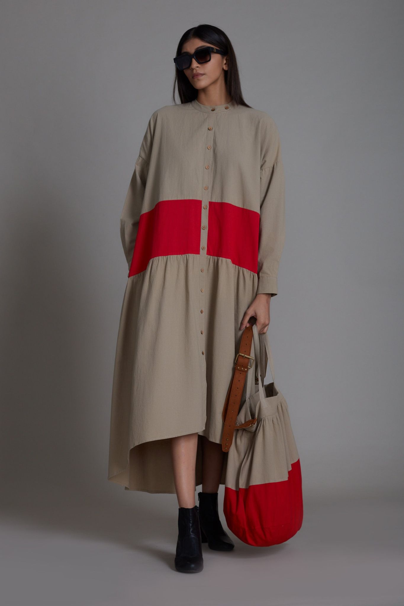 Beige & Red Band Dress-7XL