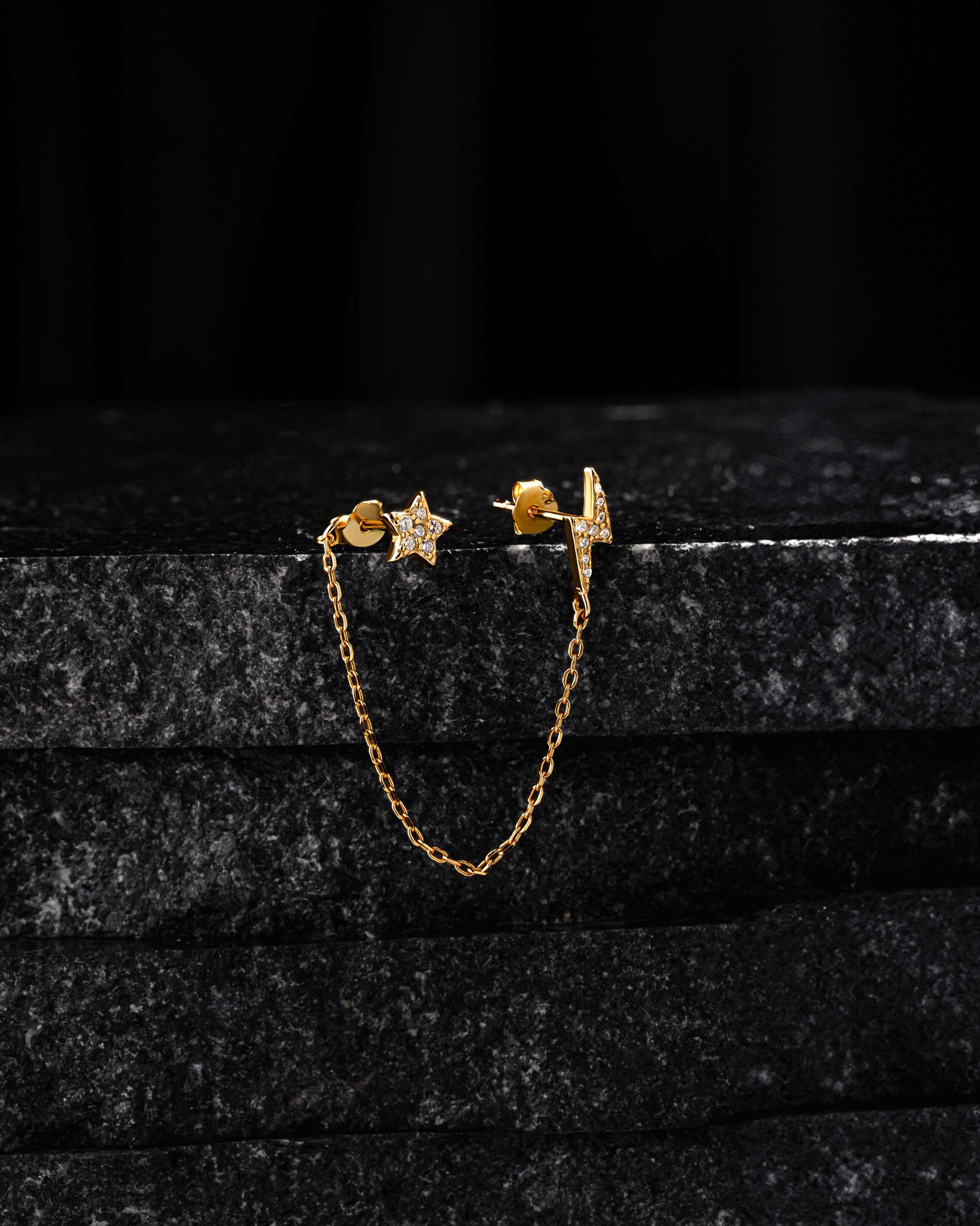 Star and thunder chain connector stud earring - Pair-14k gold plated
