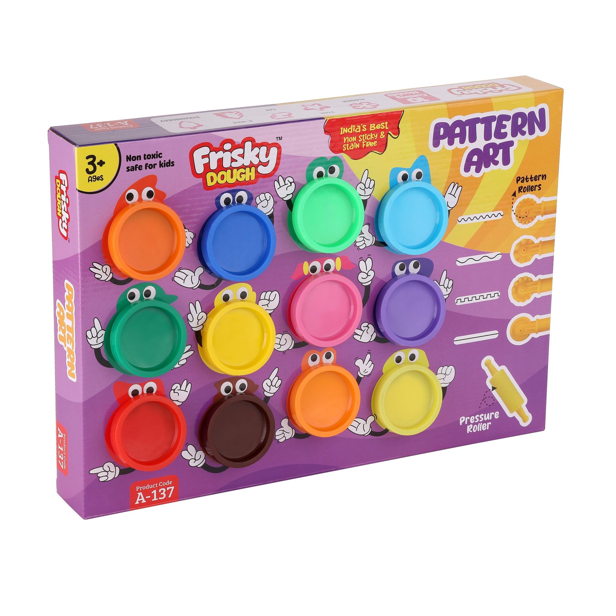 Frisky Dough Pattern Art Set with 12 Colours, Pattern Rollers & Molds | Non-Toxic, BPA-Free, Non-Sticky Dough | Creative Arts & Crafts Toy for Kids | Ages 3+