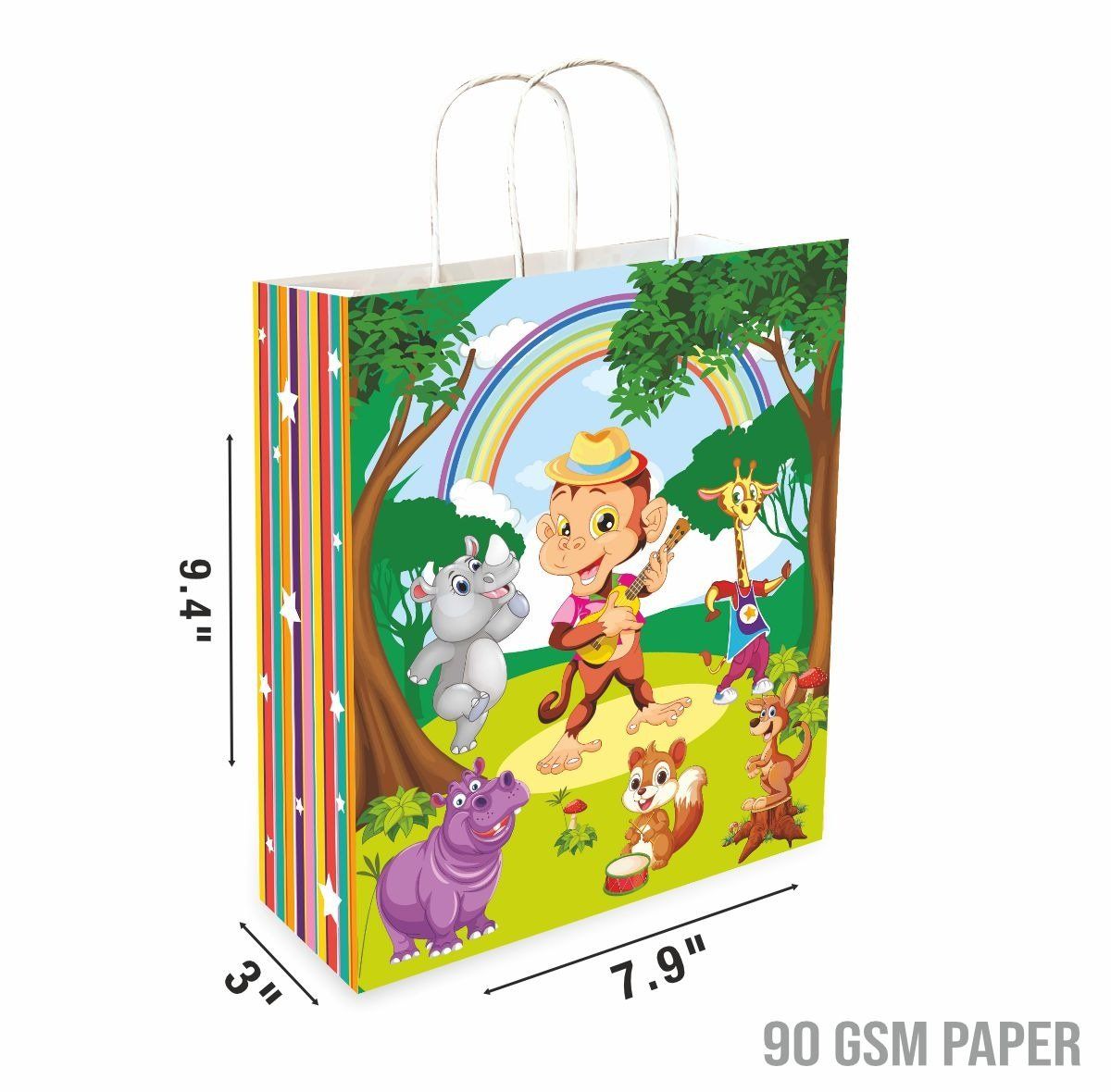 90 GSM Birthday New Animal Theme Printed Attractive Small Party Paper Gift Bags, Ideal For Birthday Return Gifts, Kids Party, & Gifting On Special Occasions (Size:9.4x7.9x3 inch) - 12