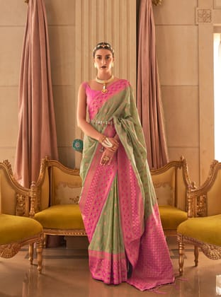 Light Green Bamboo Silk Copper Zari Weaving Saree