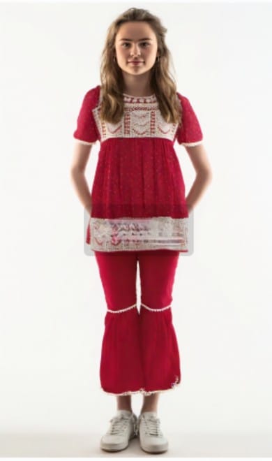 Kids Ethnic Wear - Maroon Embroidery Top & Sharara Style Pant Set Maroon (Size 5 Yrs)