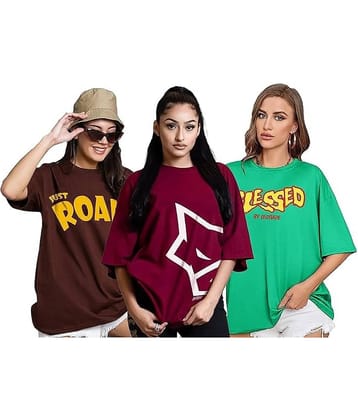 Leotude Women Cotton Blend Printed Oversized Fit Round Neck T-Shirt ( Multicolor )