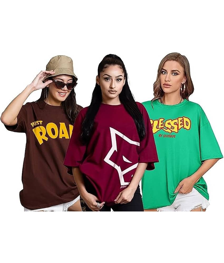 Leotude Women Cotton Blend Printed Oversized Fit Round Neck T-Shirt ( Multicolor )