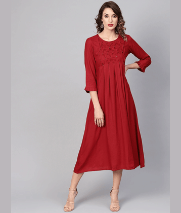 Yash Gallery Women Rayon Printed A-line Dress ( Maroon )