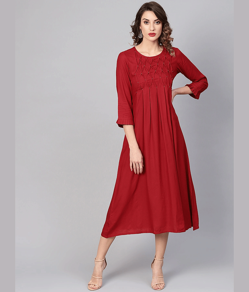 Yash Gallery Women Rayon Printed A-line Dress ( Maroon )