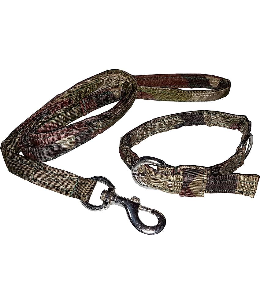 Petshop7 Premium Quality & Stylish Nylon Printed Army Design Brown Dog Collar & Leash (0.75 inch Small Size (Neck Size : (12 - 16