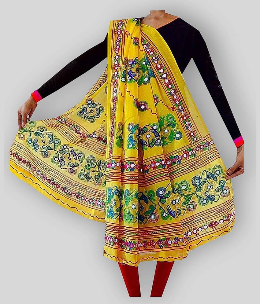 Raj Yellow Cotton Hand Embroidered Dupatta