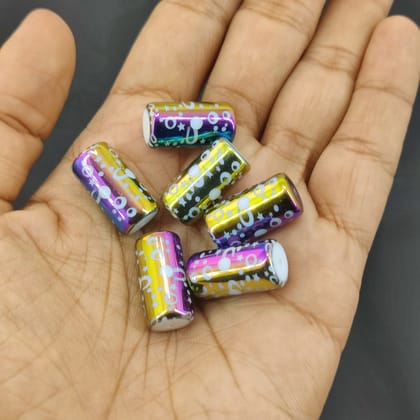 Plated Printed Premium Glass Beads (10 Pieces) 20x10 MM Multicolor Hole 1 MM Cylinder For Jewellery Making Arts Crafts (#Design1)-10 Pieces