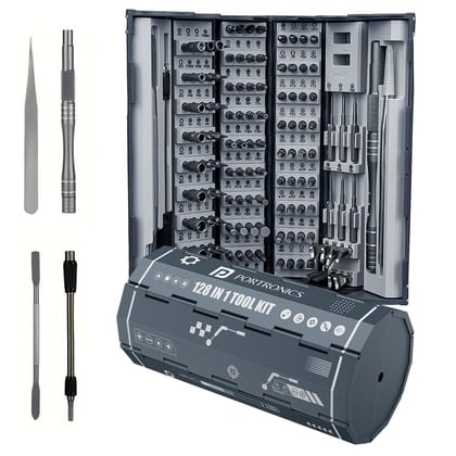 Portronics BitBox 2, 128-in-1 Screwdriver Kit with Phillips, Flathead, Torx, Pentalobe, Wrench Bits, Flexible Shaft, Tweezer, Spudger and Magnetic Handle for Laptop, Mobile, Electronics Repair (Black)