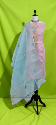 Handwoven Kota Doria Cotton-Silk Dress Material with Zari Border, Aqua