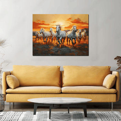 Seven White Horses Running Wood Print Wall Art-9 X 12 Inches / Pinewood Thickness: 6mm