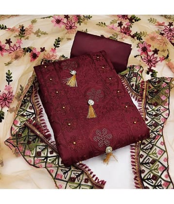 Gazal Fashions Unstitched Cotton Embroidered Dress Material - Maroon ( Pack of 1 )