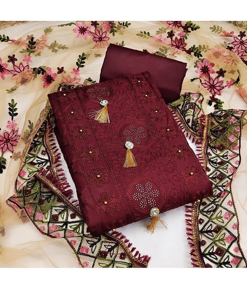 Gazal Fashions Unstitched Cotton Embroidered Dress Material - Maroon ( Pack of 1 )