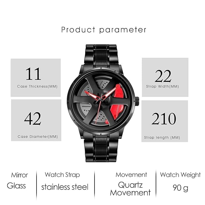 Men's Car Wheel Watch with Spinning Car Rim Hub Design|| Analog Stainless Steel || Quartz Movement|| Water Resistant, Scratch Resistant