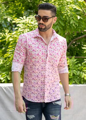 Linen Cotton Blend,Digital Print,Plain, Full Sleeves,Semi Slim Fit,Pink And White Floral, Men,Shirt-44