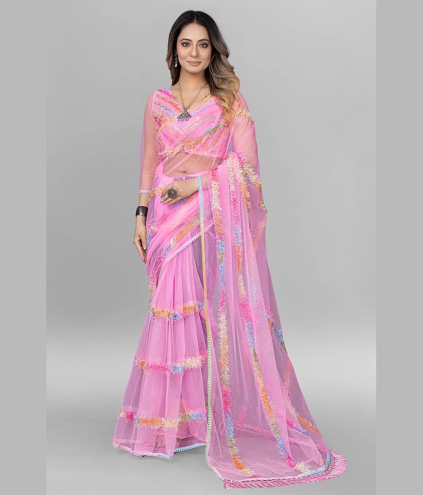 Aika Net Embellished Saree With Unstitched Blouse Piece ( Pink )