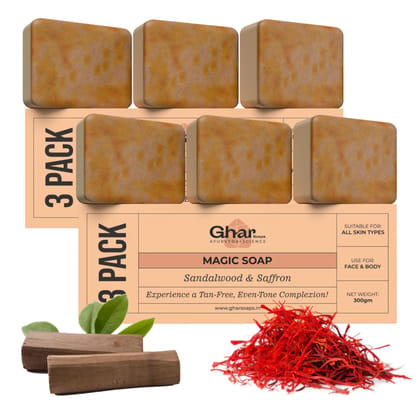 Ghar Soaps Sandalwood & Saffron Magic Soaps For Reduce Tan (100 Gms Pack Of 6) | Paraben Free | Chandan & Kesar Bath Soap | Handmade Soaps For Glowing | Skin Brightening Soap For Men & Women Ghar Soaps Sandalwood & Saffron Magic Soaps For Reduce Tan (100