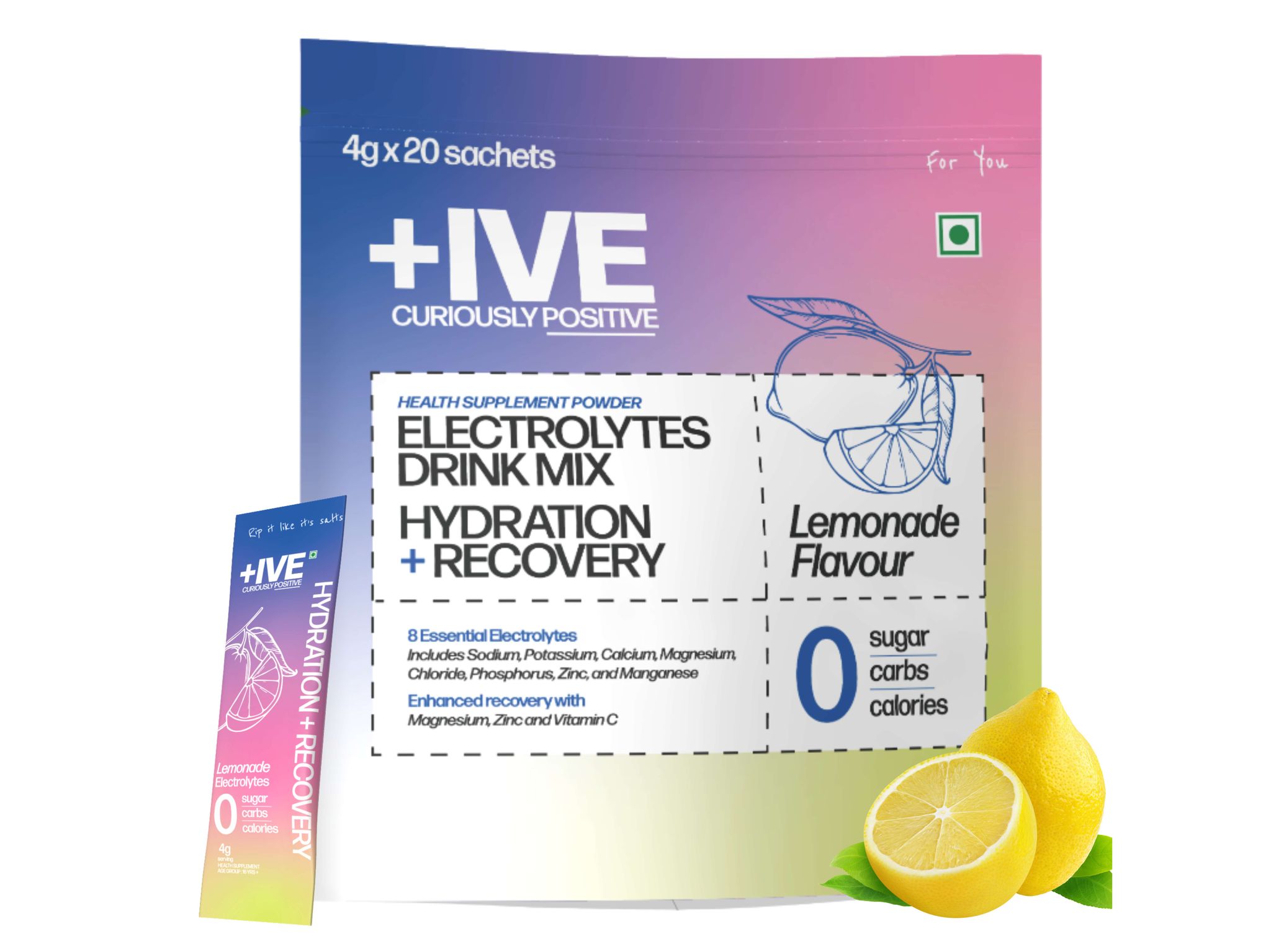 Curiously +IVE Electrolytes Drink Mix - Lemonade Flavour Pack - 80gm (4g x 20 Sachet)| Zero Sugar, Zero Carbs, Zero Calories, Hydration + Recovery Supplement