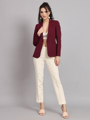 Notched Collar  Blazer - Maroon-L