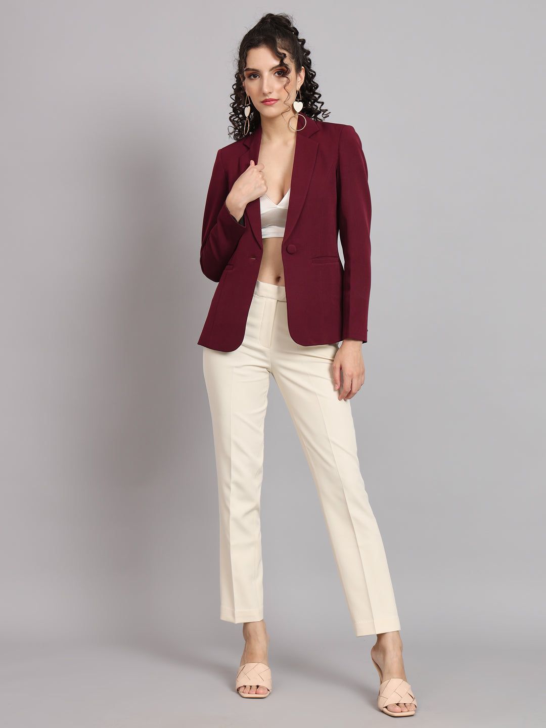 Notched Collar  Blazer - Maroon-L