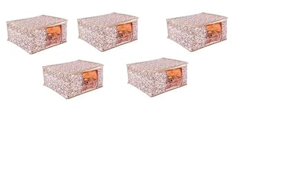 Bindian Multipurpose Saree Cover for Wardrobe Storage | Premium Non-Woven Fabric Cloth Organizer Box with Transparent Window & Zipper | Ideal for Storing Sarees & More (Beige, Pack of 5)