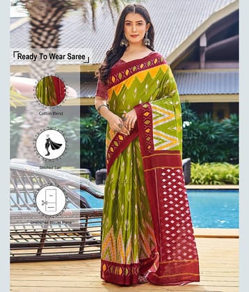 Samah Cotton Printed Ready to Wear Saree With Unstitched Blouse Piece ( Olive )