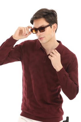 Maroon Jacquard Knit Polo Full Sleeve-L