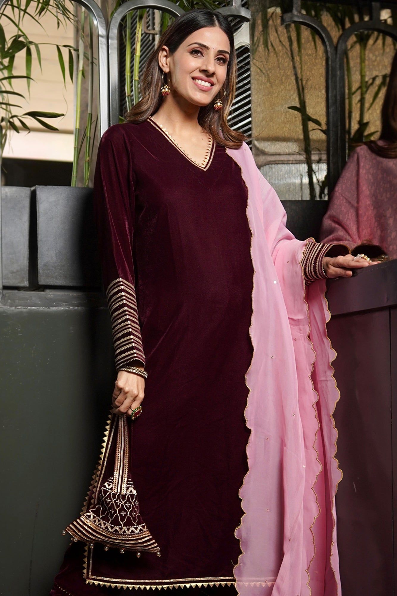 Wine Velvet Kurta Set-XXS / XXS