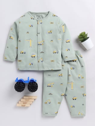 Construction Zone Print Green Full Sleeve Nightwear Set-3-6 m