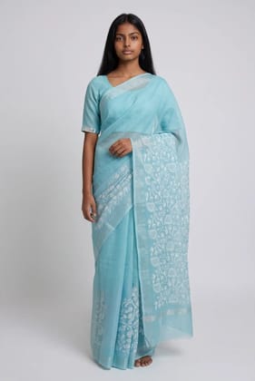 Kota Doria Cotton Saree Powder Blue Embroidered Paisley Kota Doria Cotton Saree Powder Blue Embroidered Paisley