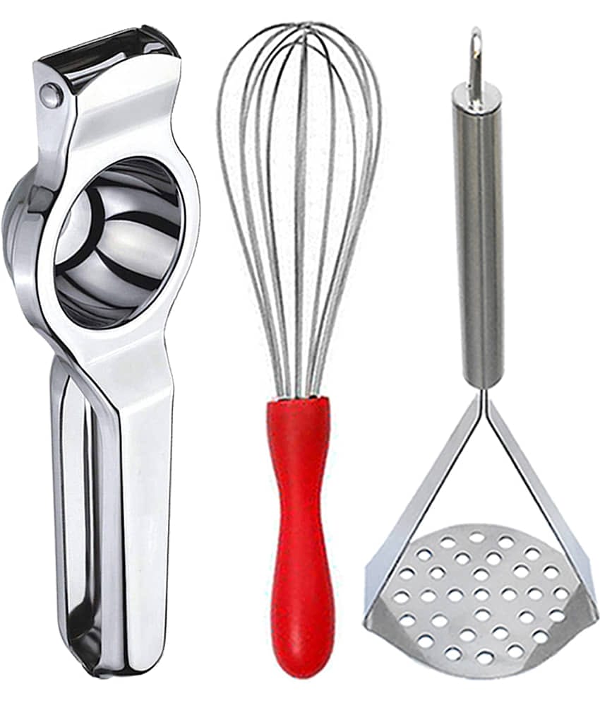 JISUN - Silver Stainless Steel Lemon Squeezer & Egg Whisk & Potato Masher ( Set of 3 )