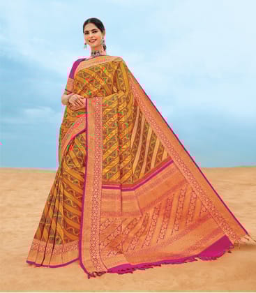 Mustard Handloom Lino Varna Silk Saree Floral Vine Motifs-Mustard