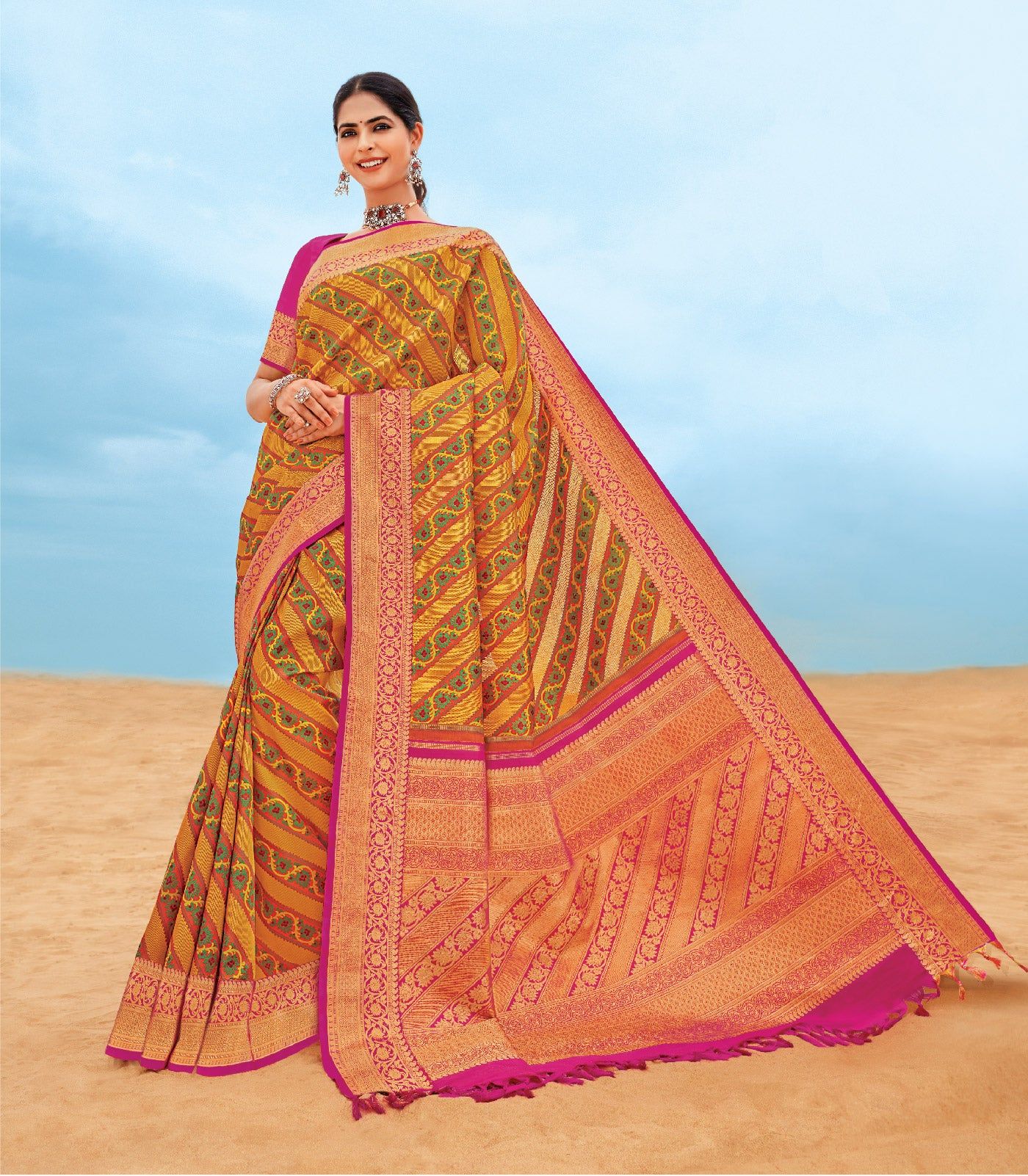 Mustard Handloom Lino Varna Silk Saree Floral Vine Motifs-Mustard