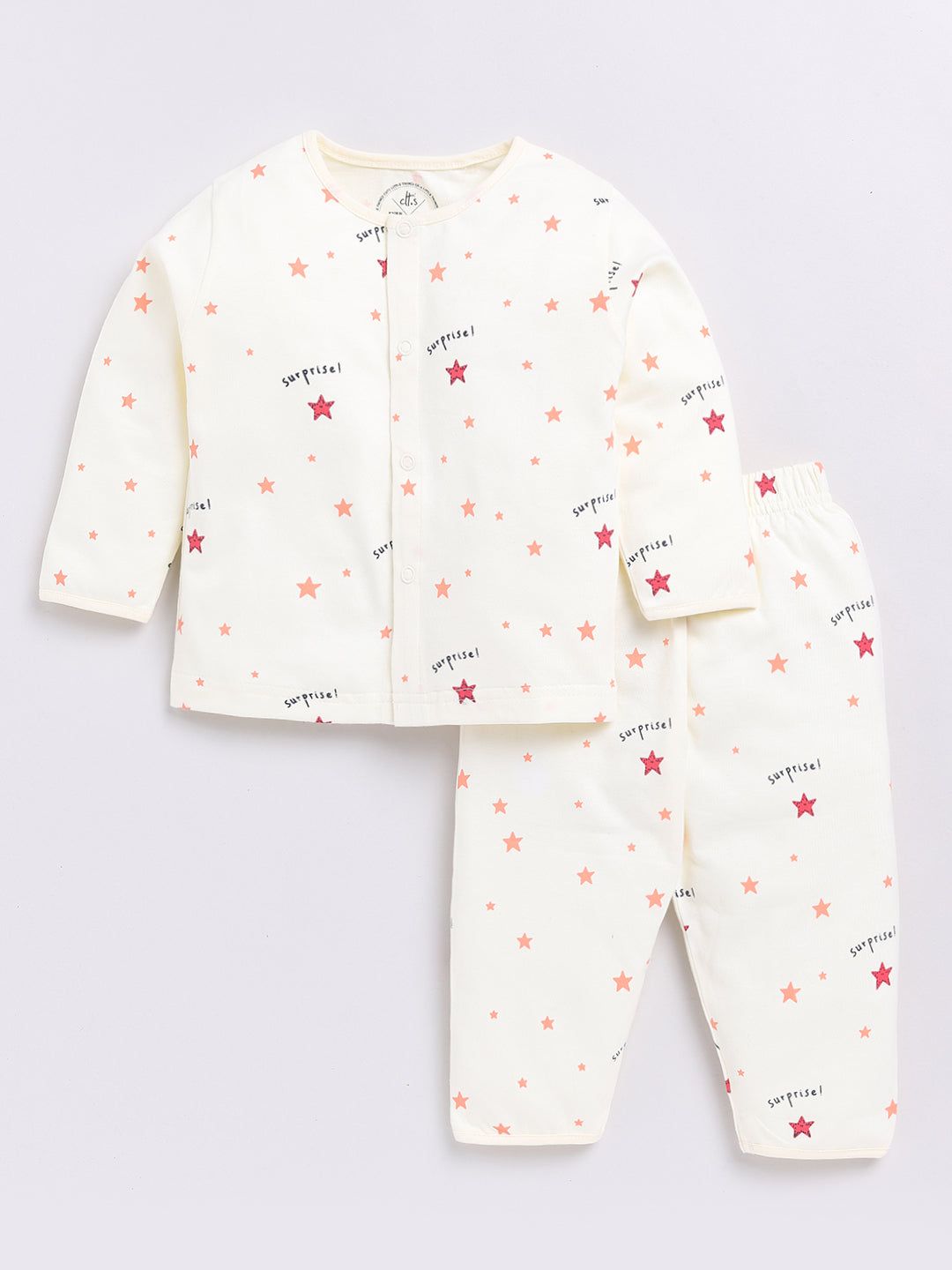Cream Stars Print Full Sleeve Night Suit-6-9 m