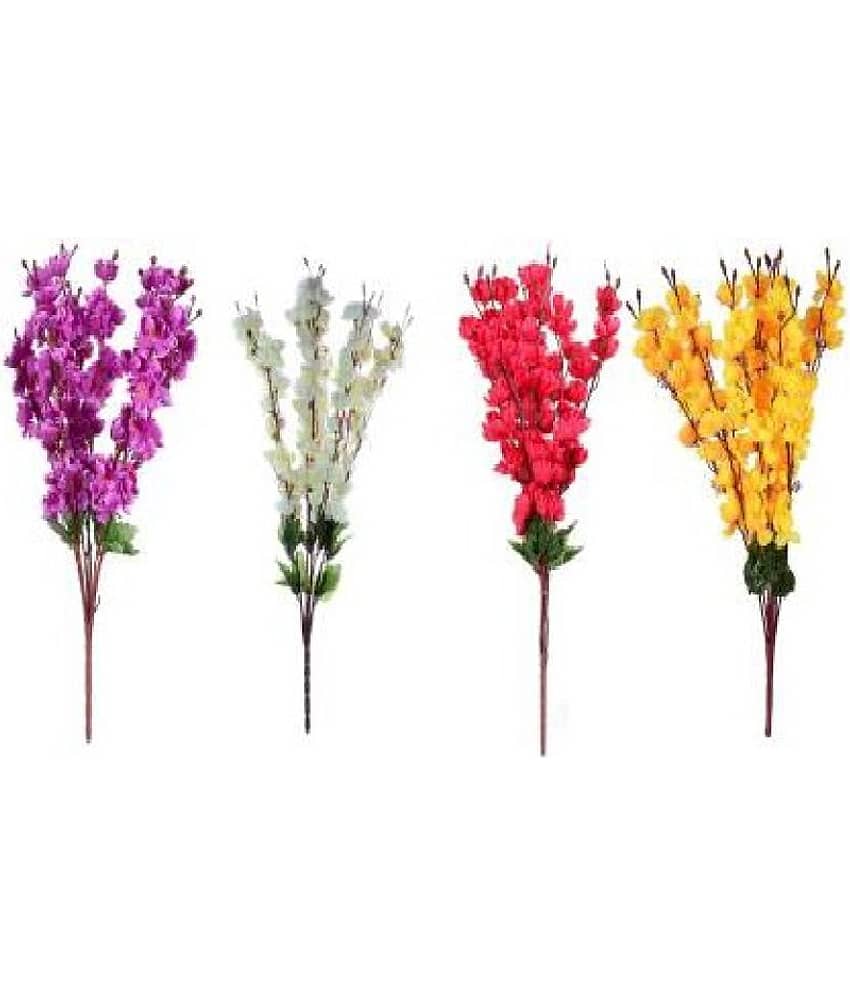 Green plant indoor Orchids Multicolour Artificial Flowers Bunch - Pack of 4
