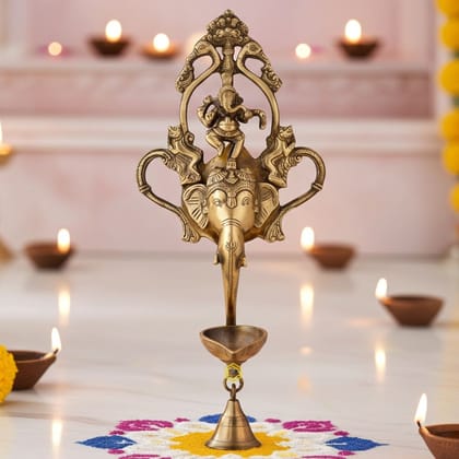 Brass Dancing Ganesha Oil Lamp Deepak With Bell  - Traditional Puja Deepak, Height : 14 Inch (BSMAS1203 A)