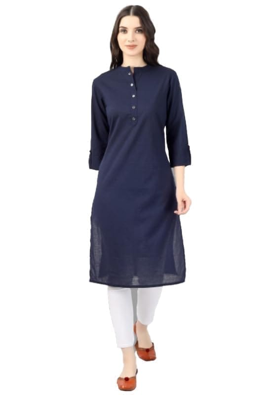 Women's Solid Calf Length Cotton Kurti (Blue, M)-PID46341