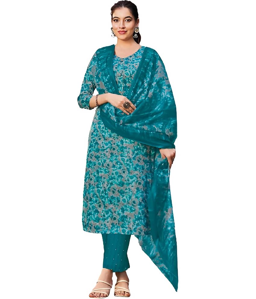 shree jeenmata collection Women Cotton Printed Straight Kurti With Pants ( Blue )