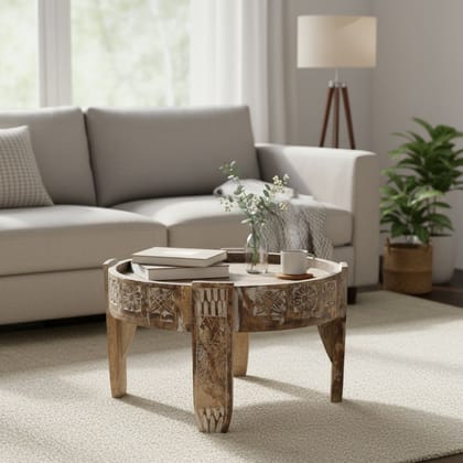 Antique Wooden Craved Vintage Round Coffee Table with Storage