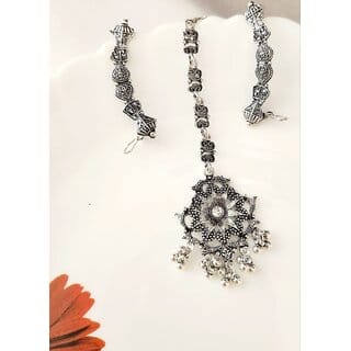 Oxidized silver- plated White stone maangtika Earcuff Combo (set pack of 1)
