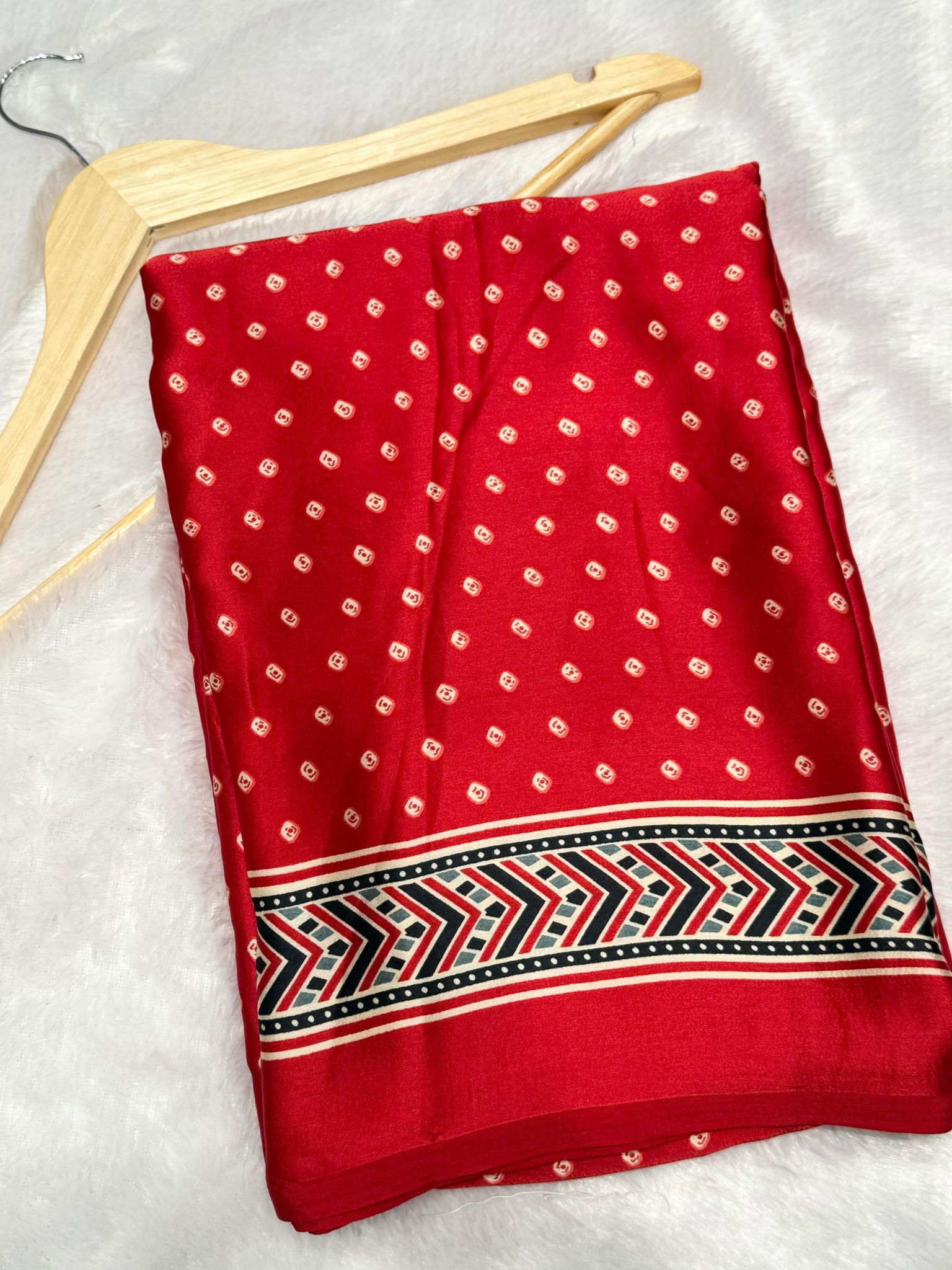 Red Bandhani With Ajrakh Printed Soft Modal Silk Natural Print Saree P3