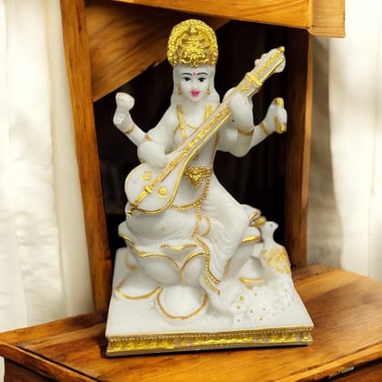 Lord Saraswati Idol Marble Look Murti Best For Home Temple H- 15 CM-Composite Marble