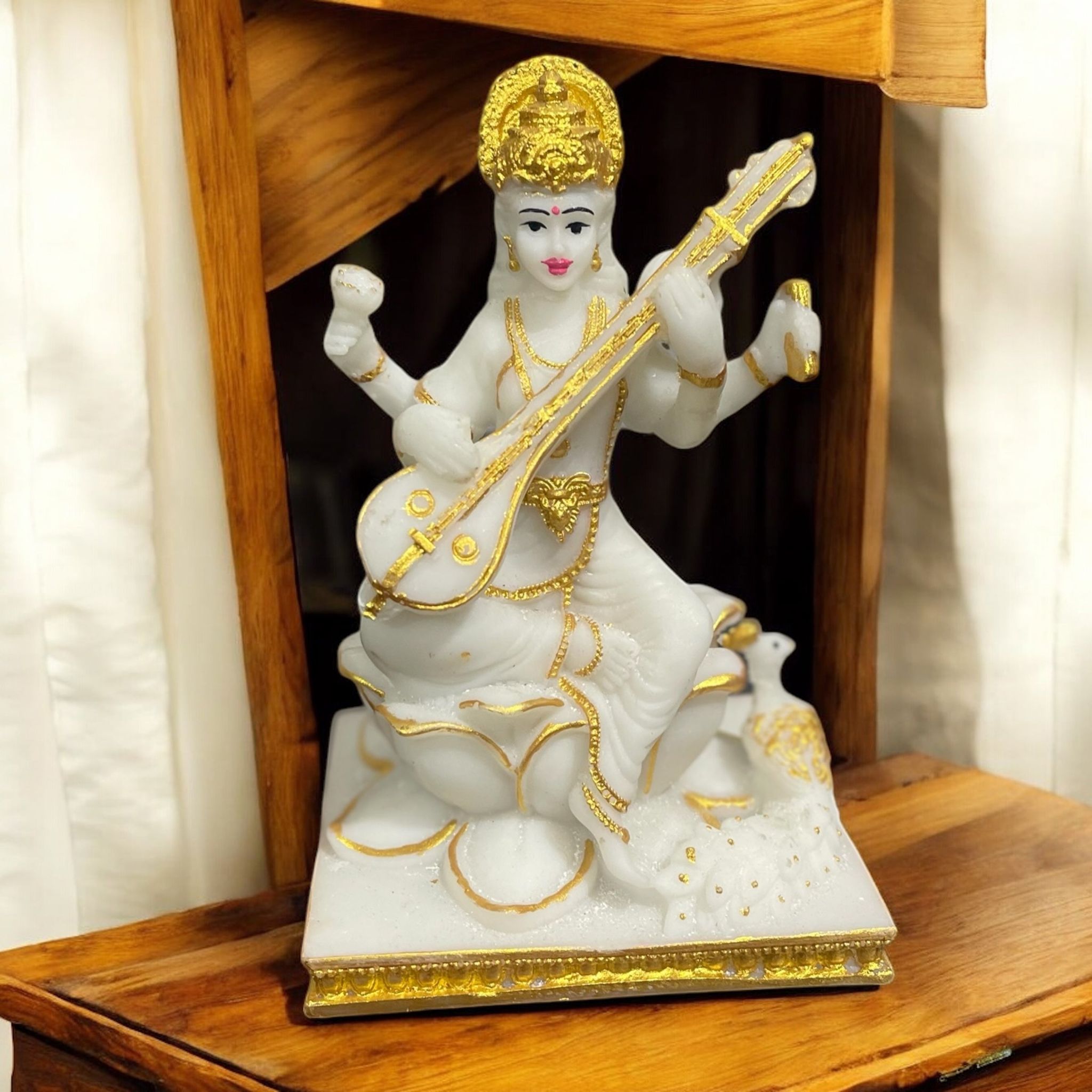 Lord Saraswati Idol Marble Look Murti Best For Home Temple H- 15 CM-Composite Marble