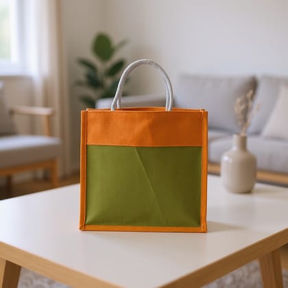 Handmade Jute Tote Bag | Orange & Olive Green