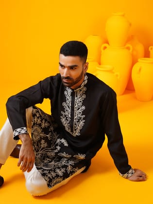 Men's Cotton Silk Floral Embroidered Black Kurta with Cream Trouser-36
