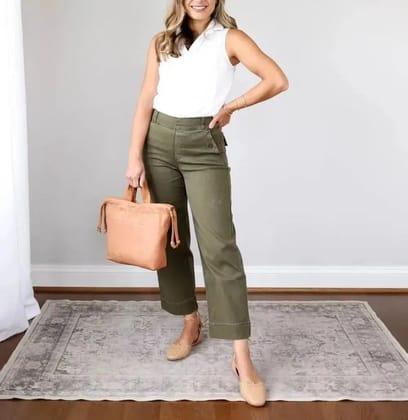 WIDE STRETCH TWILL TROUSERS-Brown / XS