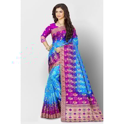 TheHangr Blue Bandini Saree With Golden Weaving Work And Pink Border And Pallu