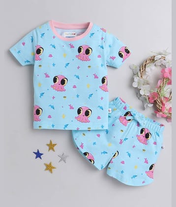 BUMZEE Pack of 1 Baby Girls Cotton T-Shirt & Shorts ( Light Blue )