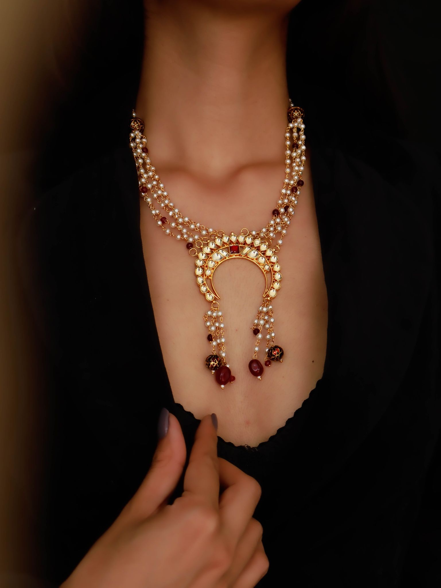 Reyhna Kundan Long Pendant Necklace-Red